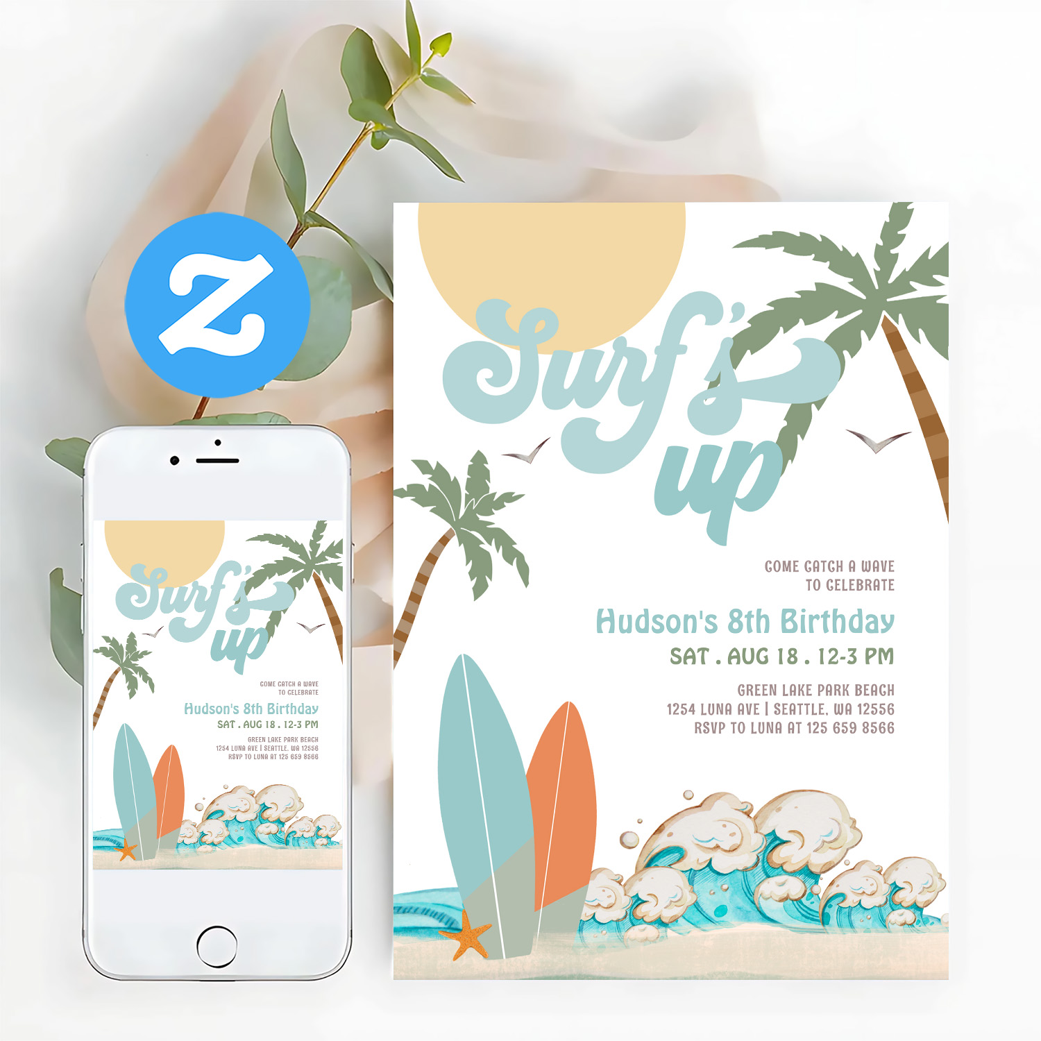 Any Age Boy Surf Surfing Birthday Beach Party Invitation