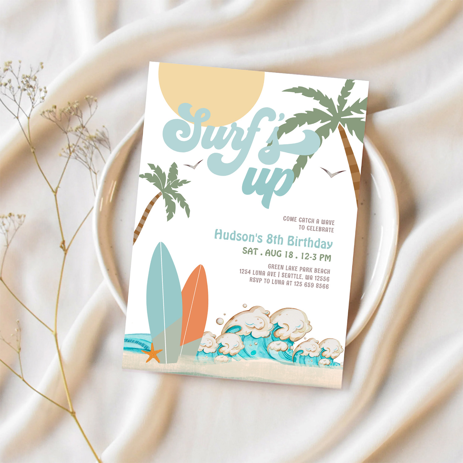 Any Age Boy Surf Surfing Birthday Beach Party Invitation - Image 2