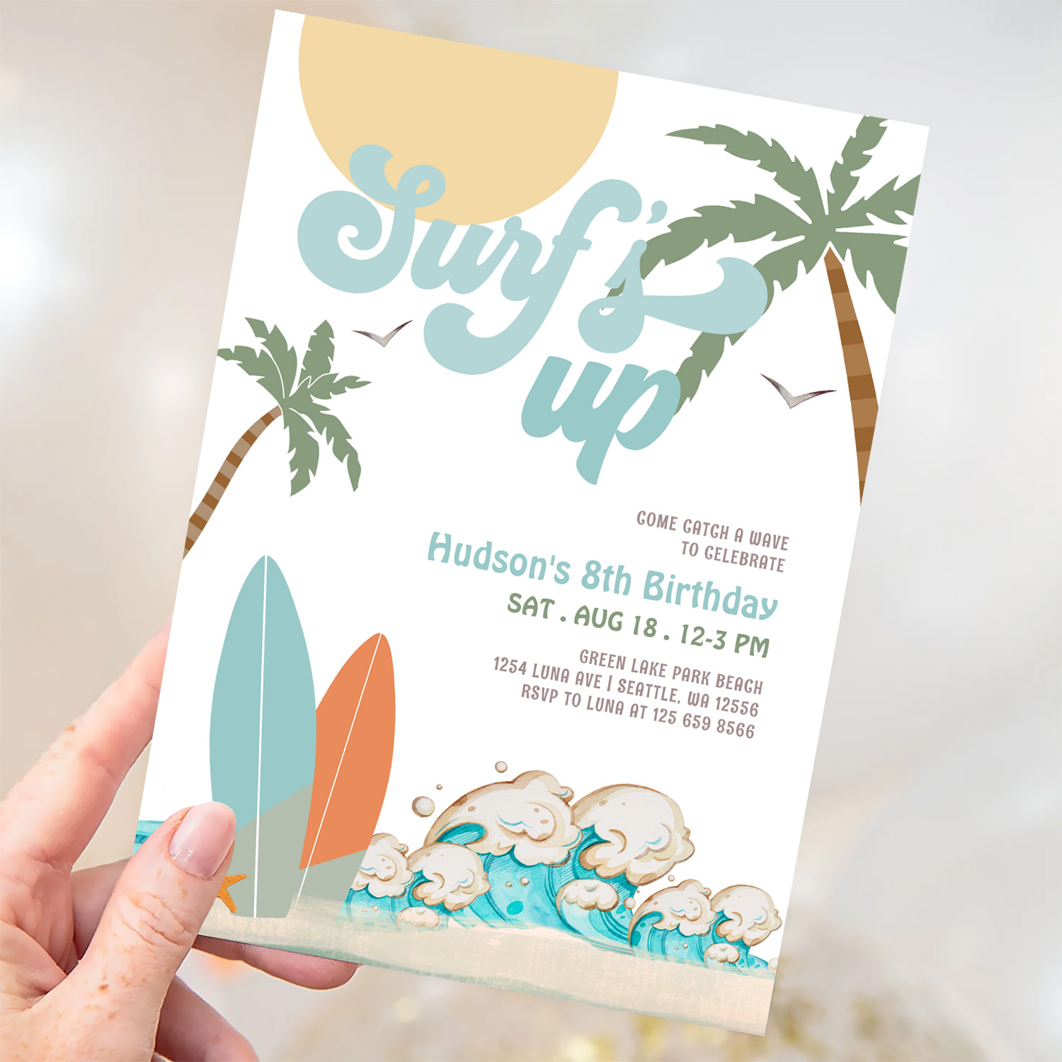 Any Age Boy Surf Surfing Birthday Beach Party Invitation - Image 3