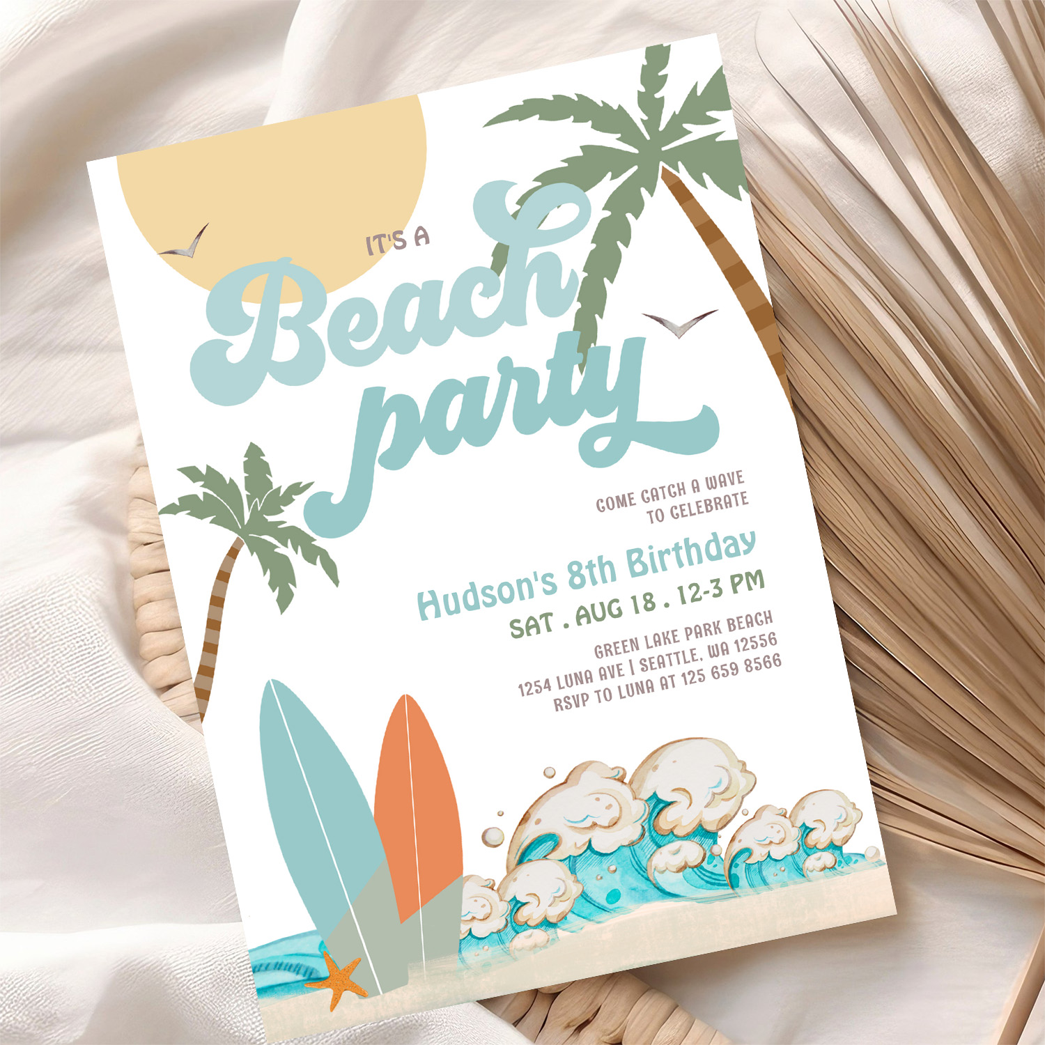 Any Age Boy Surfing Beach Party Birthday Party Invitation - Image 10