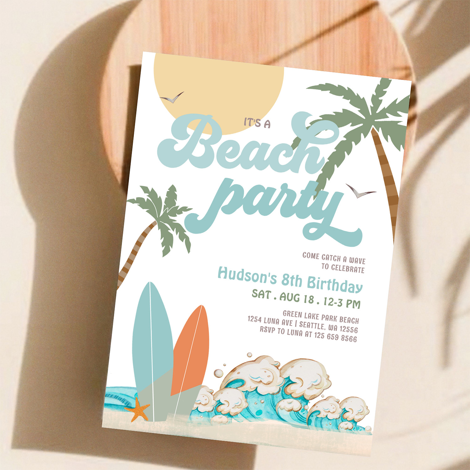 Any Age Boy Surfing Beach Party Birthday Party Invitation - Image 11
