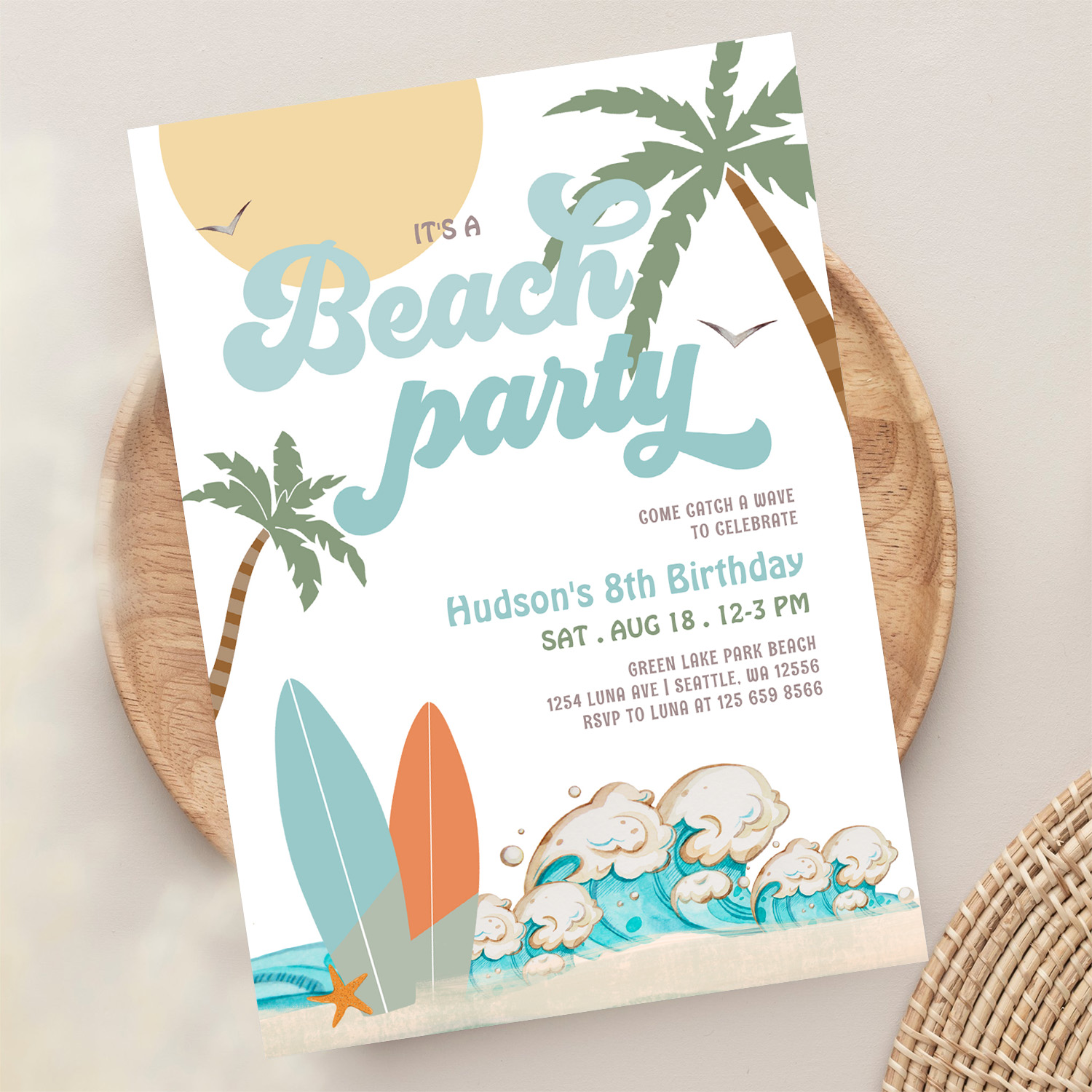 Any Age Boy Surfing Beach Party Birthday Party Invitation - Image 13