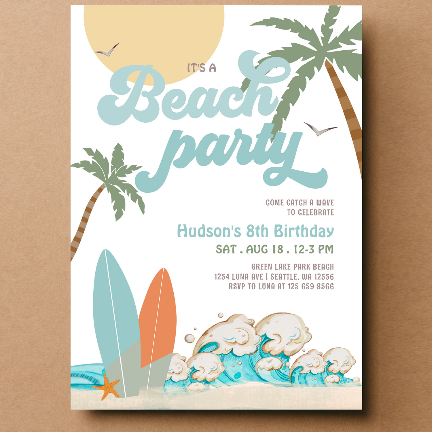 Any Age Boy Surfing Beach Party Birthday Party Invitation - Image 14