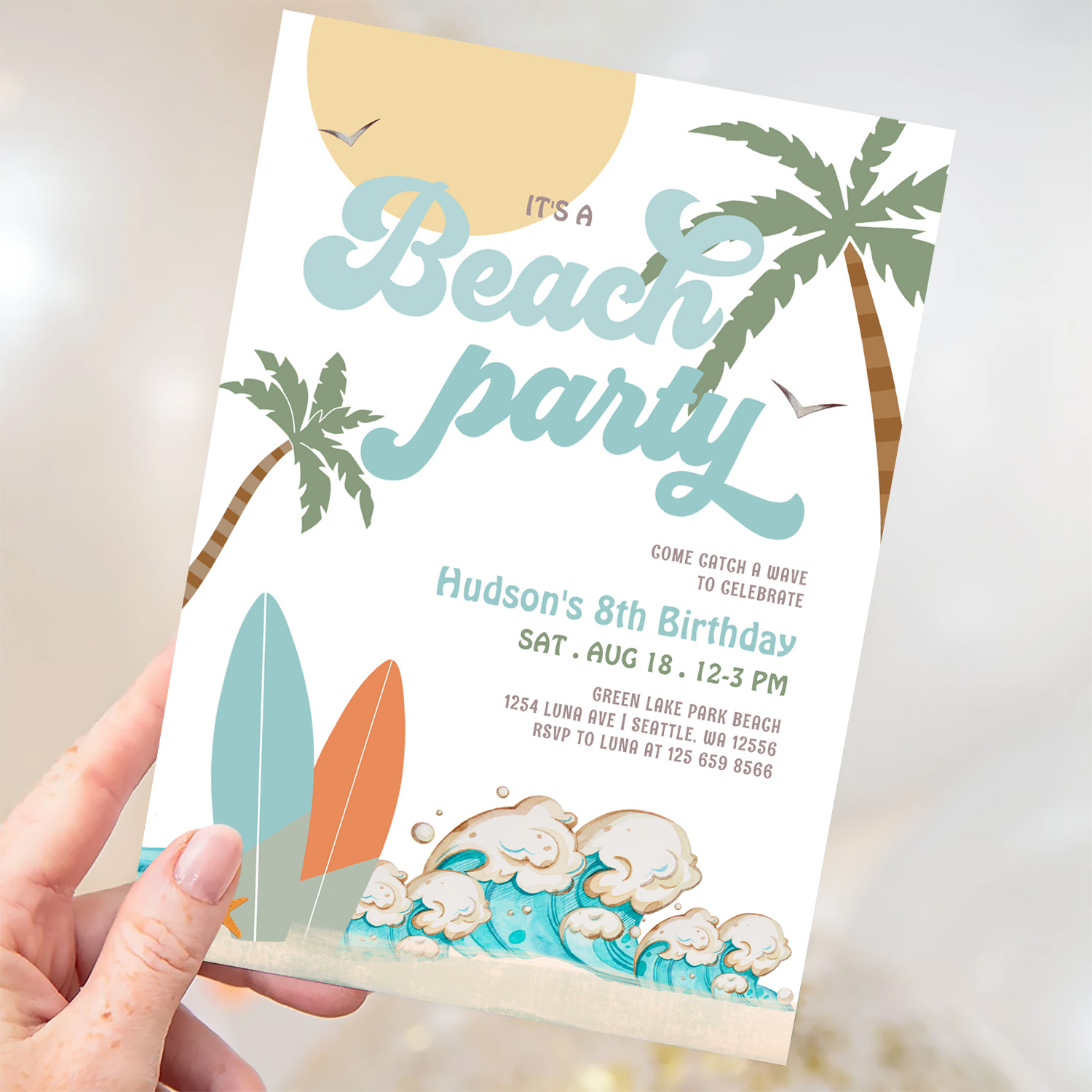 Any Age Boy Surfing Beach Party Birthday Party Invitation - Image 3