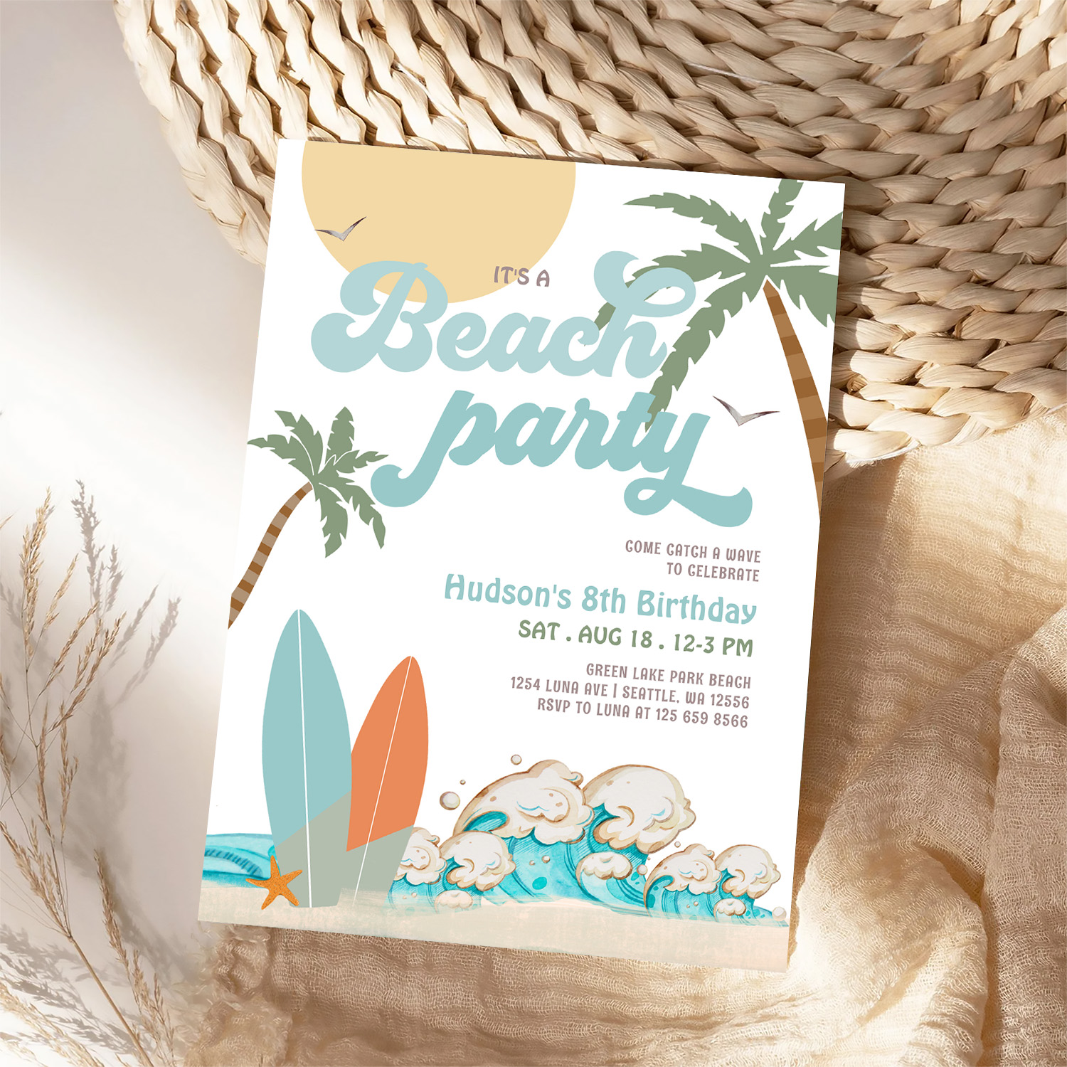 Any Age Boy Surfing Beach Party Birthday Party Invitation - Image 4