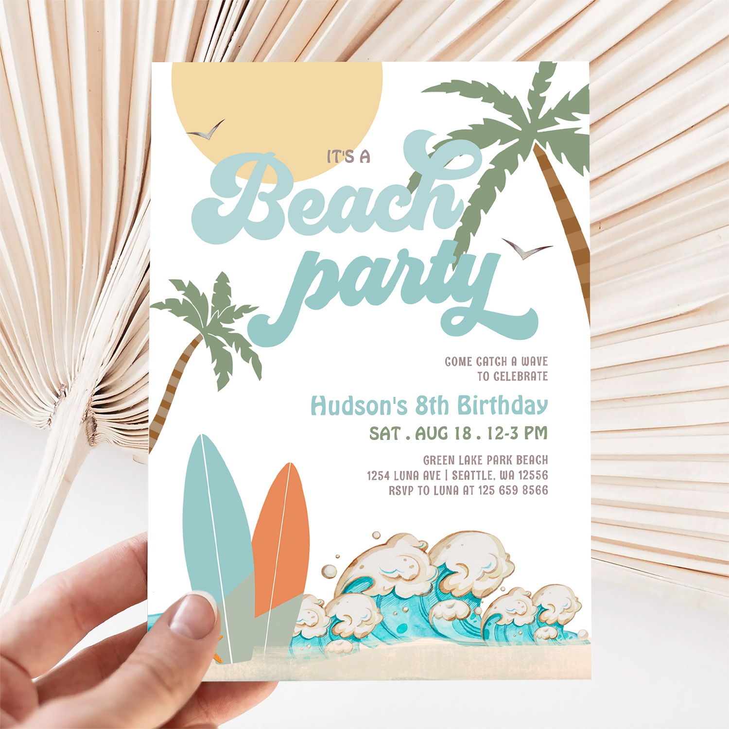 Any Age Boy Surfing Beach Party Birthday Party Invitation - Image 5