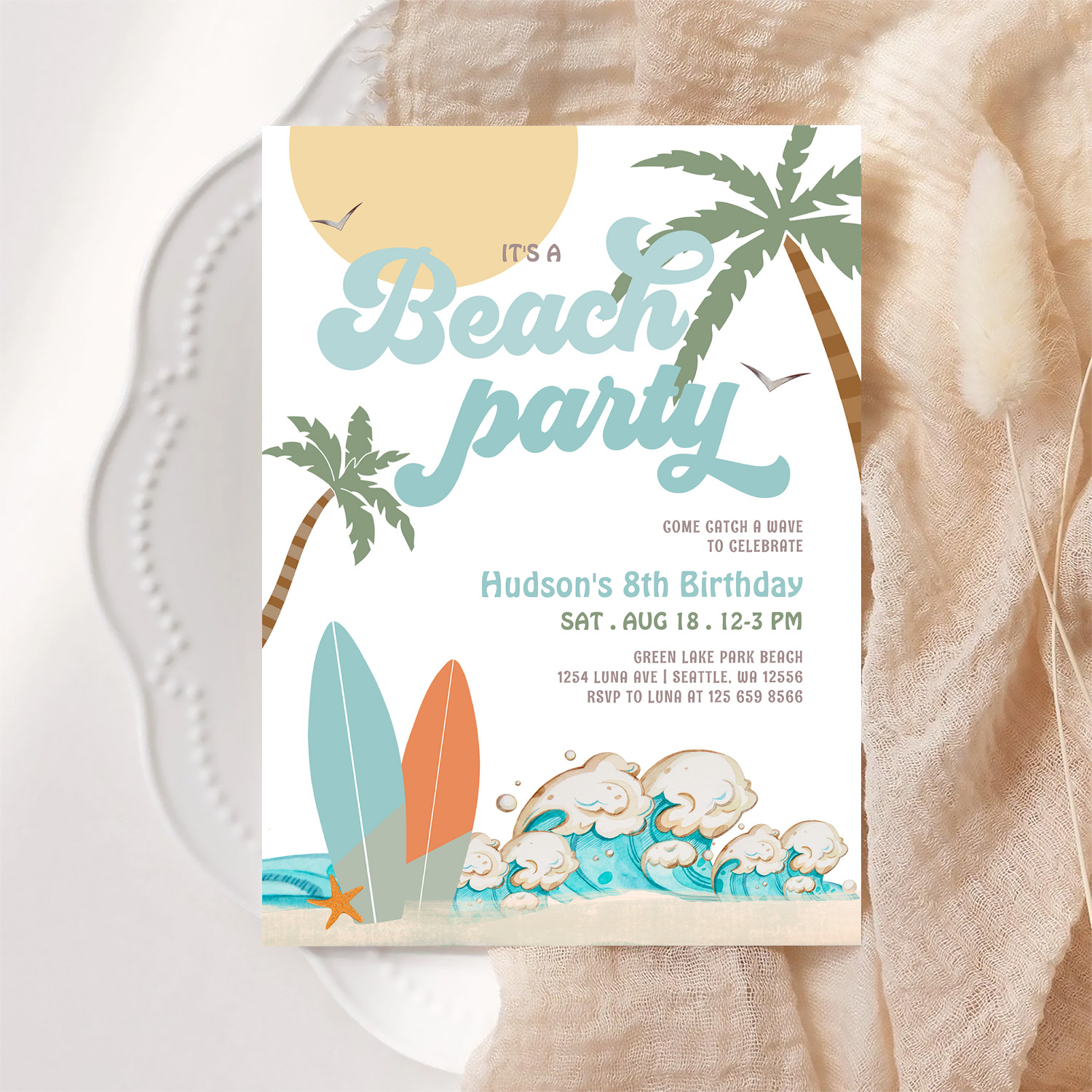 Any Age Boy Surfing Beach Party Birthday Party Invitation - Image 6