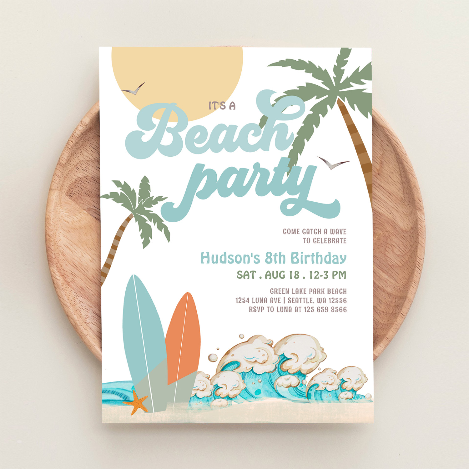 Any Age Boy Surfing Beach Party Birthday Party Invitation - Image 7