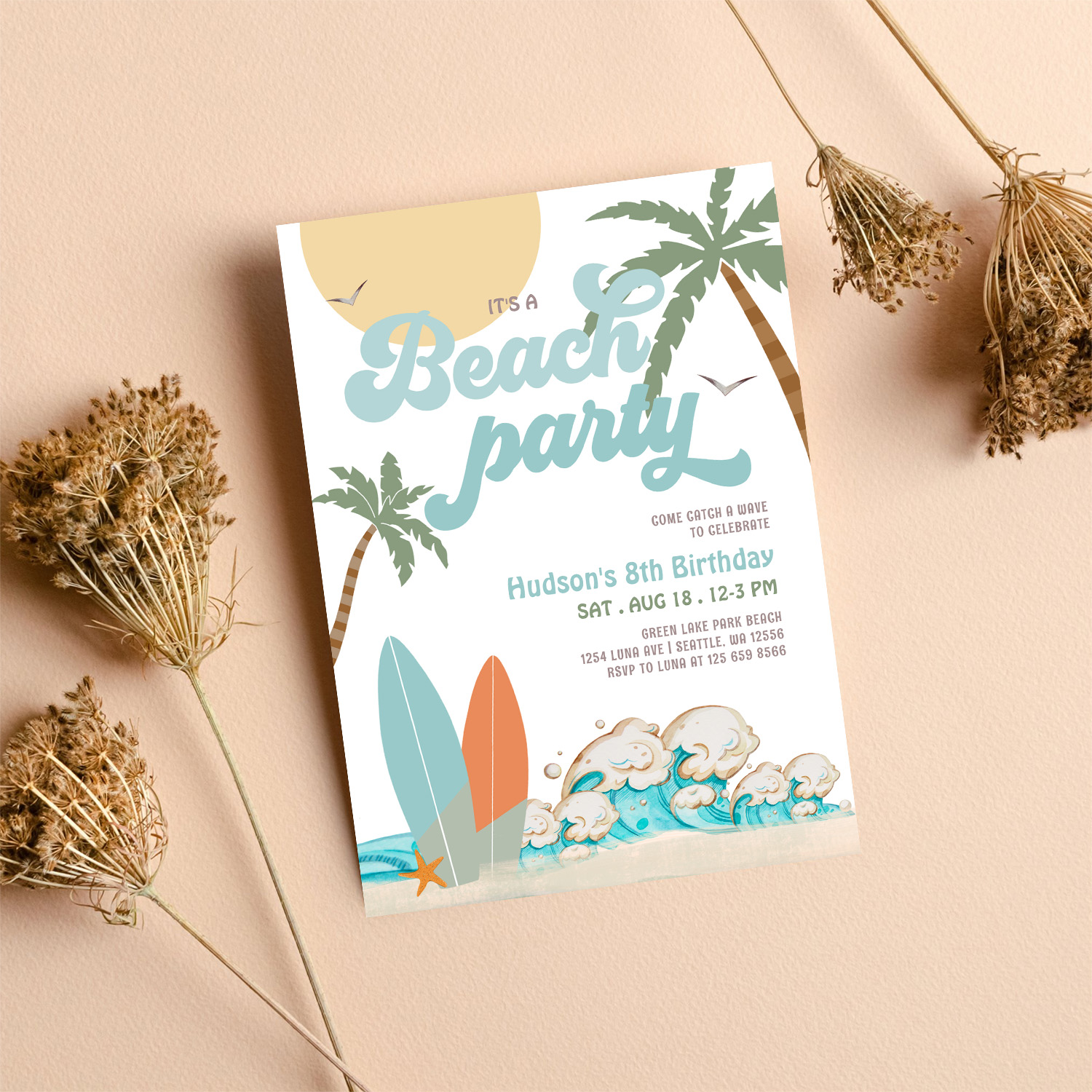 Any Age Boy Surfing Beach Party Birthday Party Invitation - Image 8