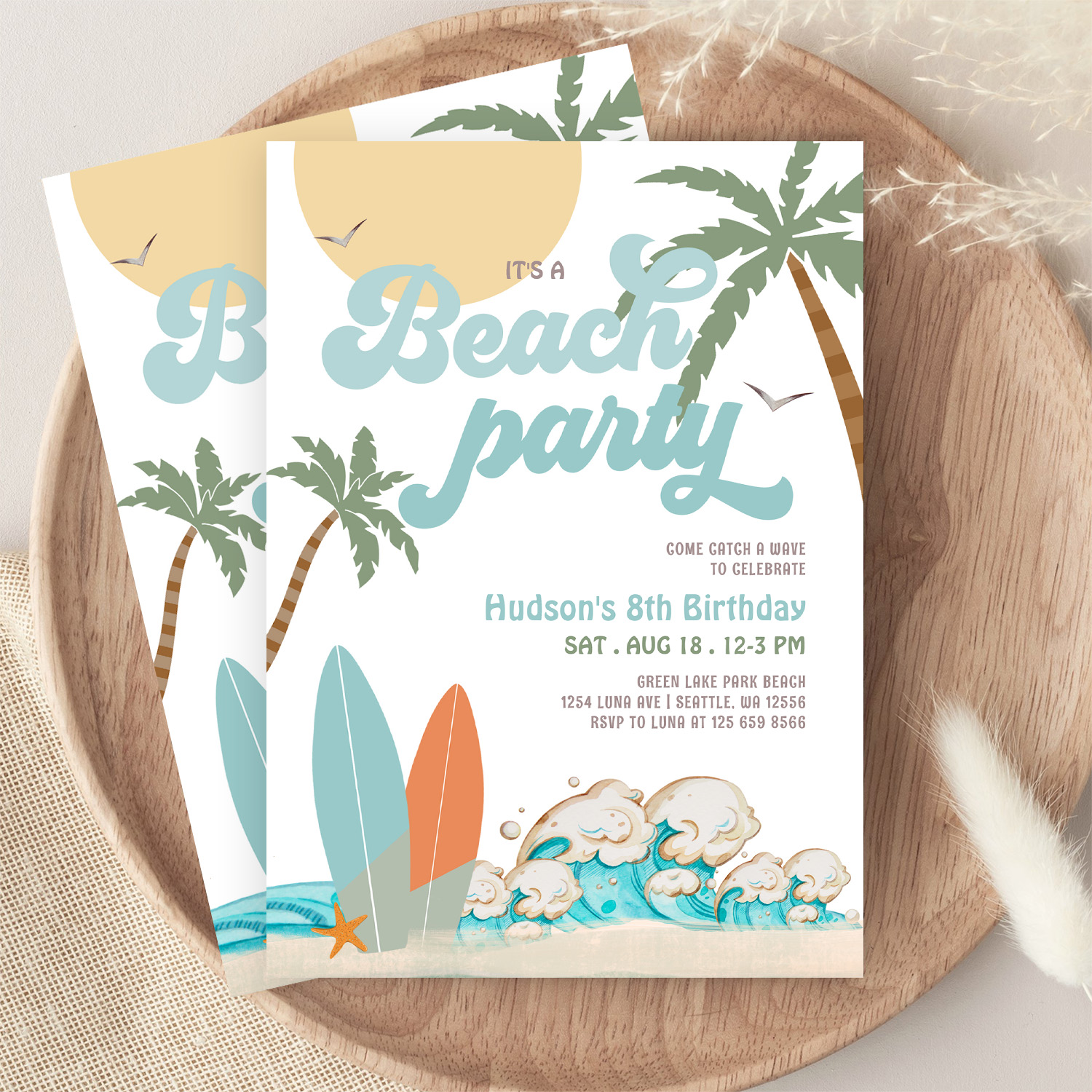 Any Age Boy Surfing Beach Party Birthday Party Invitation - Image 9