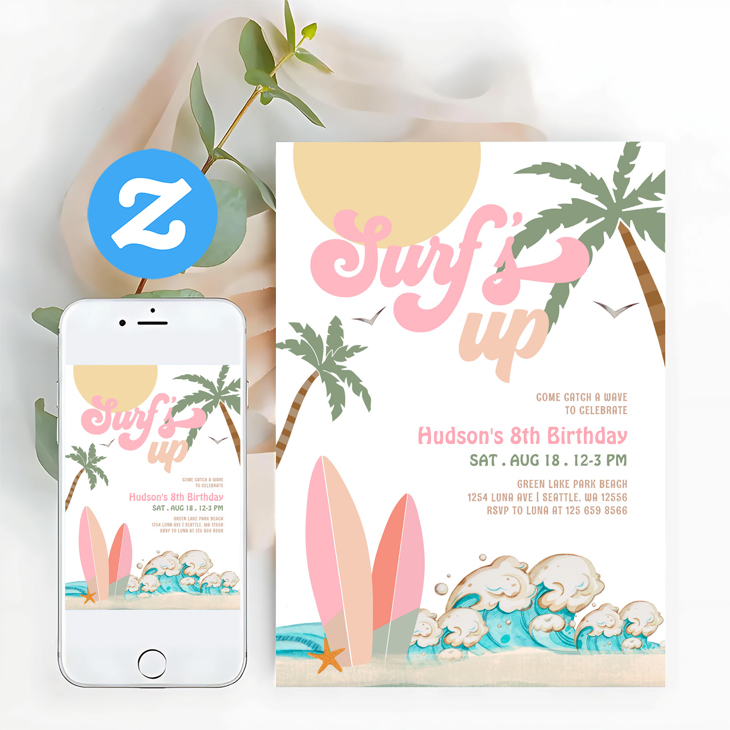 Any Age Girl Pink Peach Surfing Birthday Party Invitation