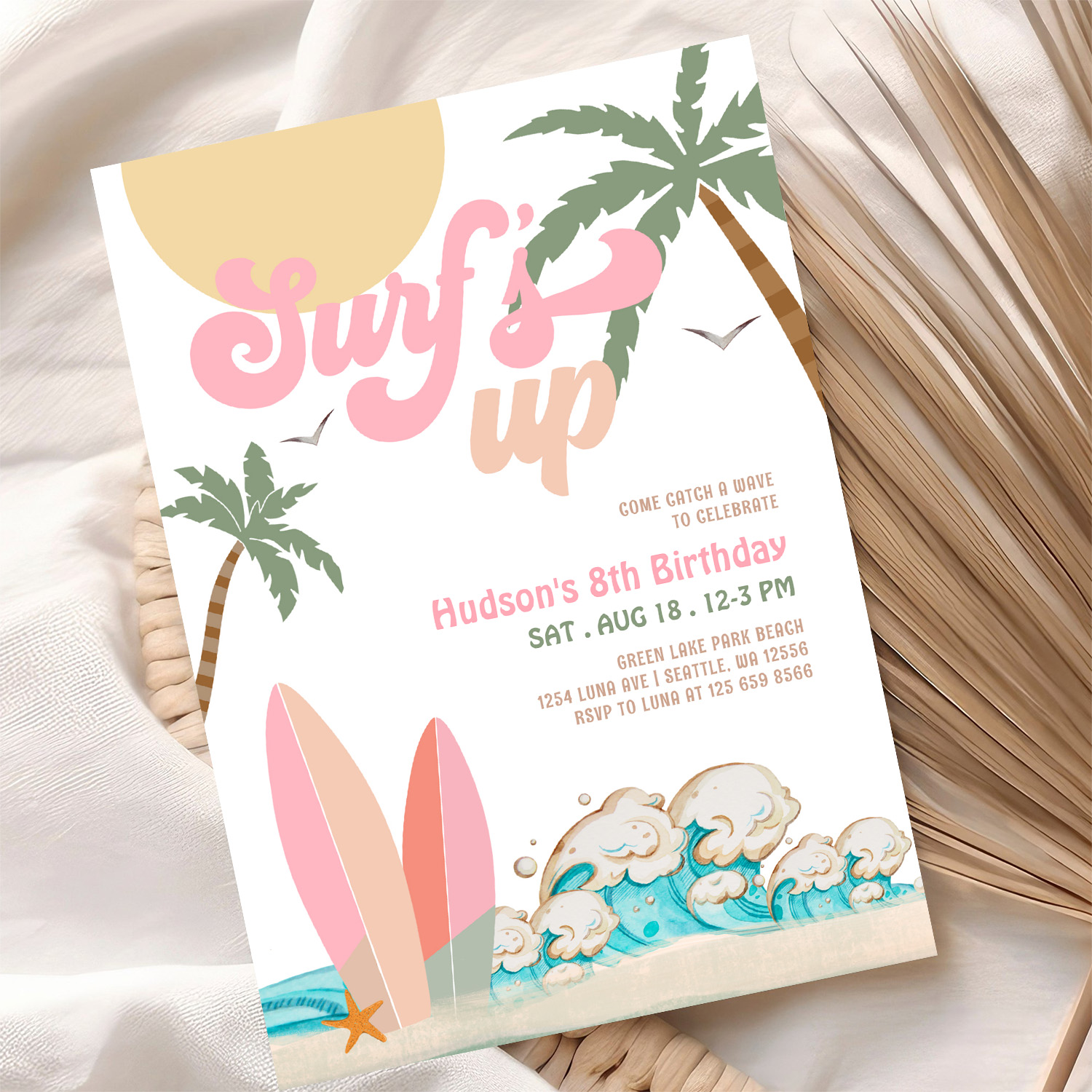 Any Age Girl Pink Peach Surfing Birthday Party Invitation - Image 10
