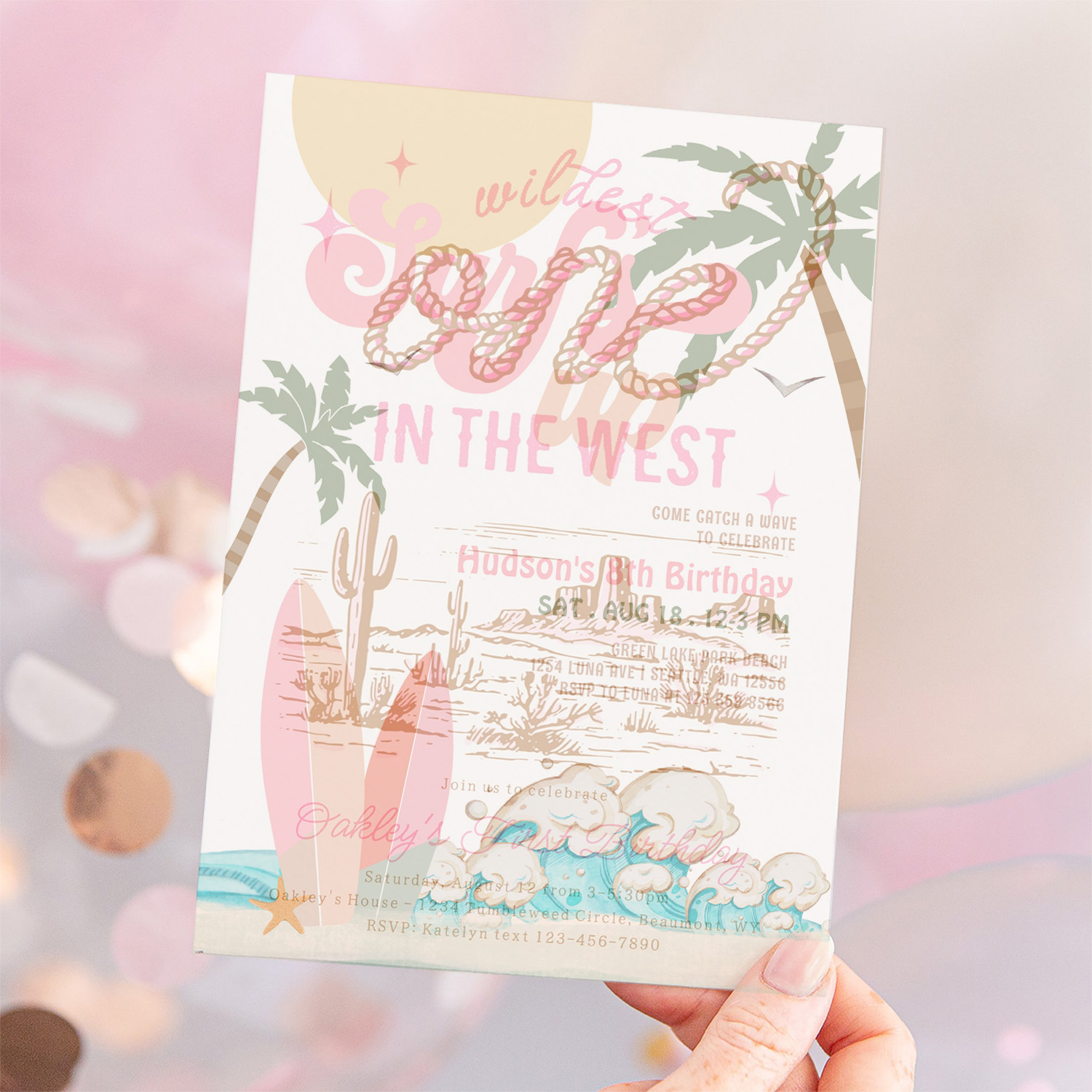 Any Age Girl Pink Peach Surfing Birthday Party Invitation - Image 12