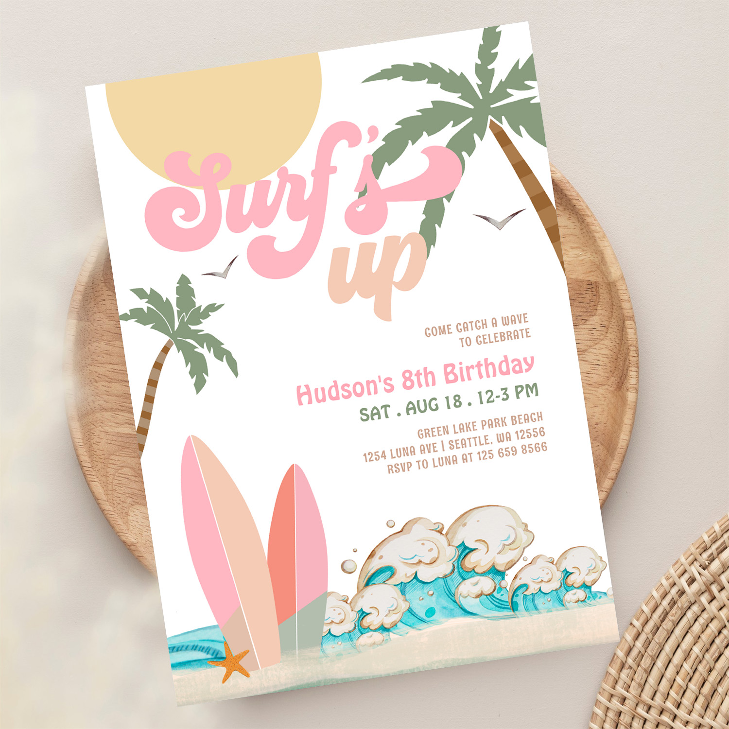 Any Age Girl Pink Peach Surfing Birthday Party Invitation - Image 13