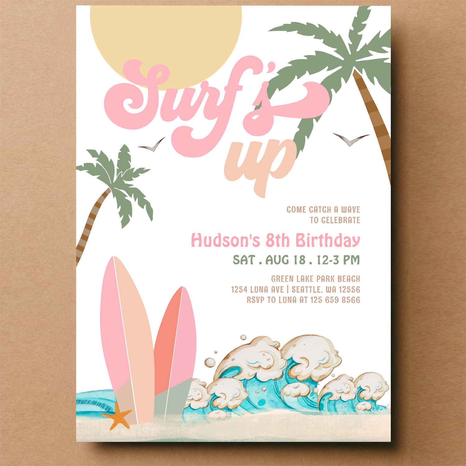 Any Age Girl Pink Peach Surfing Birthday Party Invitation - Image 14
