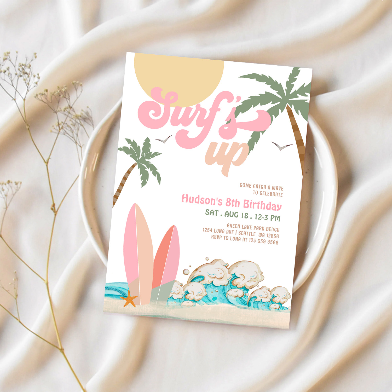 Any Age Girl Pink Peach Surfing Birthday Party Invitation - Image 2