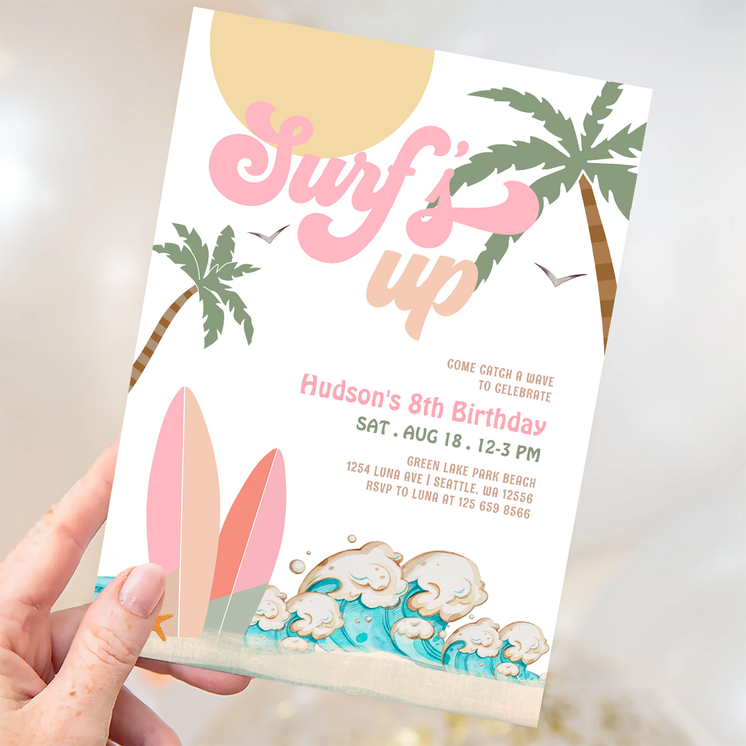 Any Age Girl Pink Peach Surfing Birthday Party Invitation - Image 3