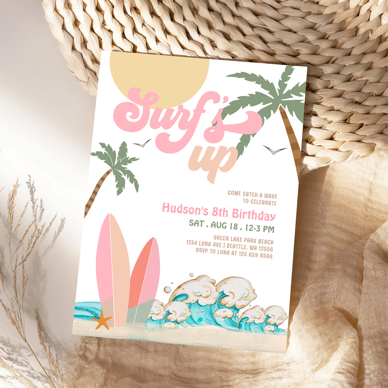 Any Age Girl Pink Peach Surfing Birthday Party Invitation - Image 4