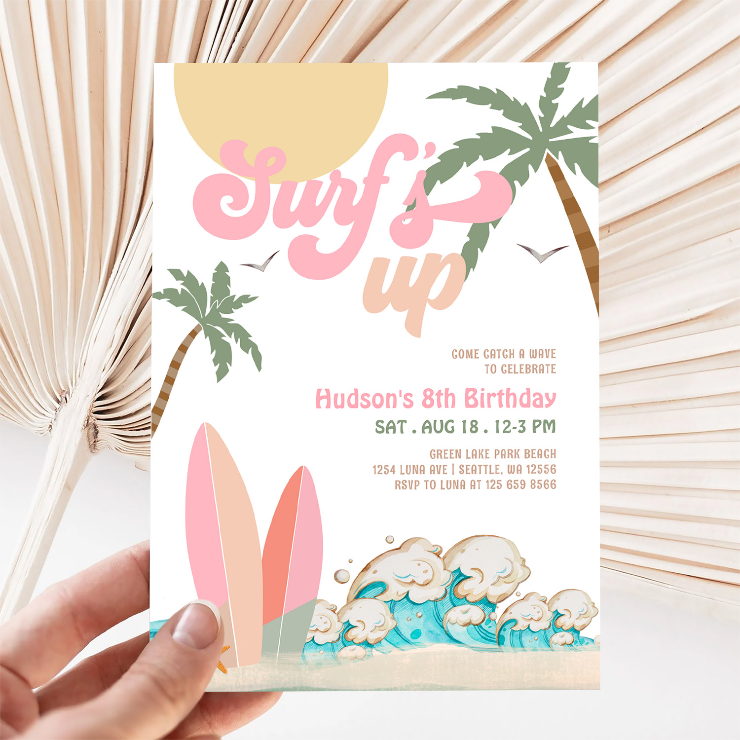 Any Age Girl Pink Peach Surfing Birthday Party Invitation - Image 5