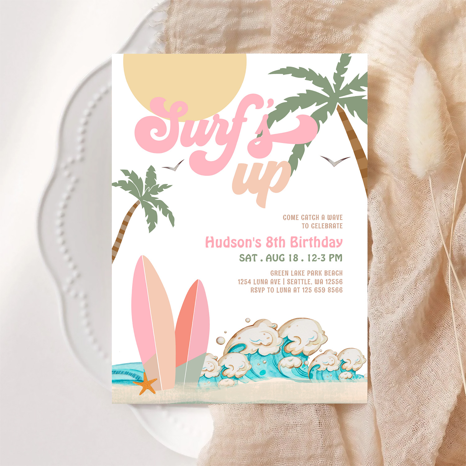 Any Age Girl Pink Peach Surfing Birthday Party Invitation - Image 6