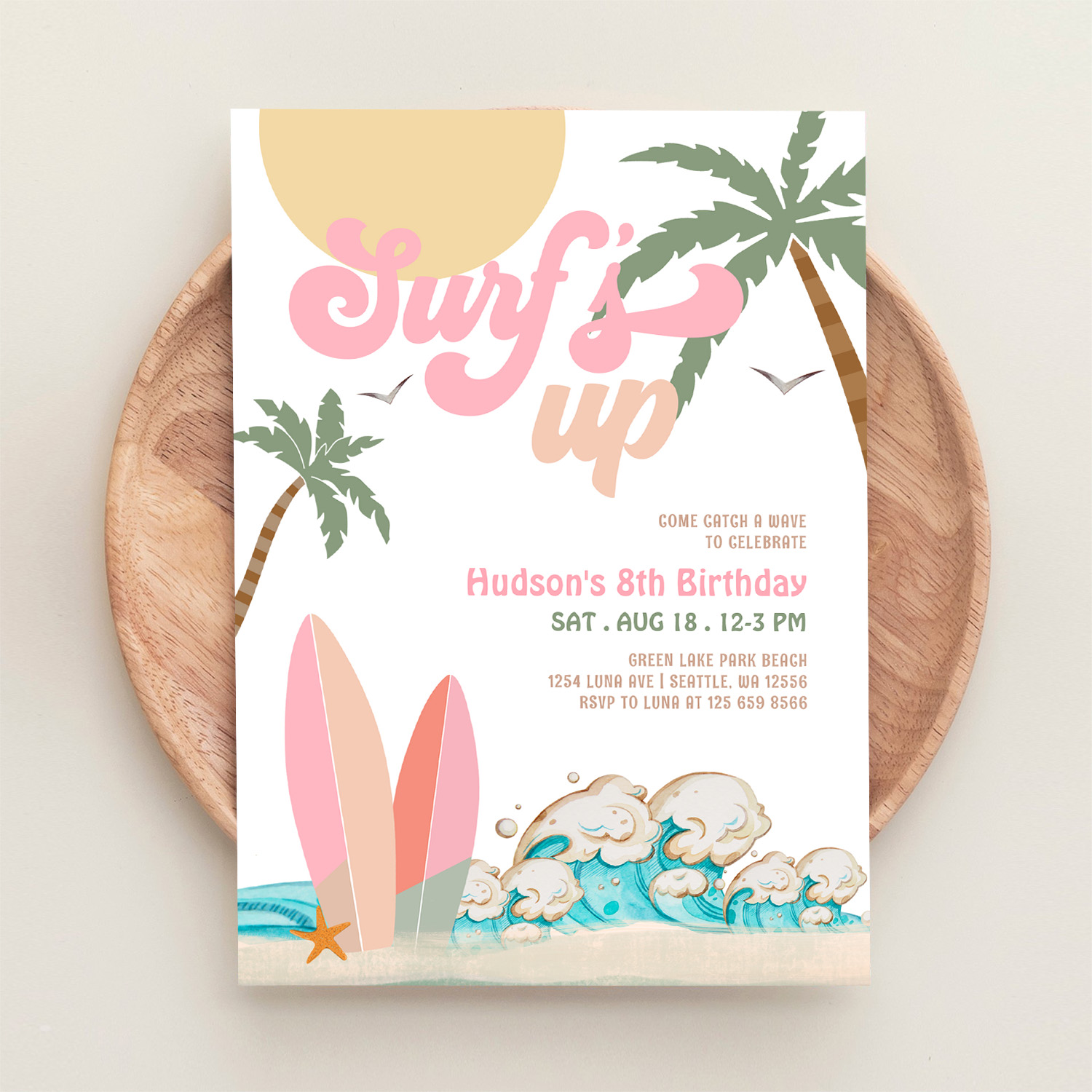Any Age Girl Pink Peach Surfing Birthday Party Invitation - Image 7