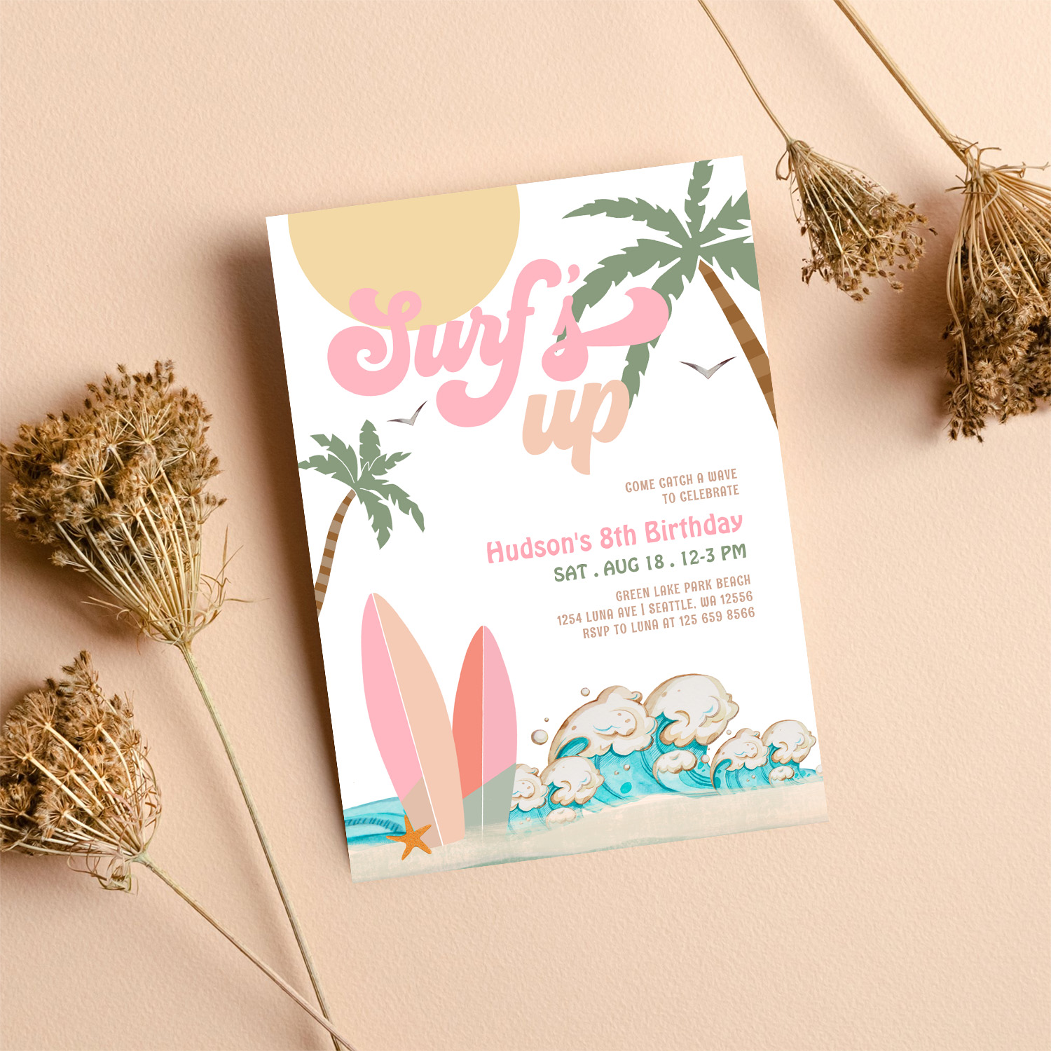 Any Age Girl Pink Peach Surfing Birthday Party Invitation - Image 8