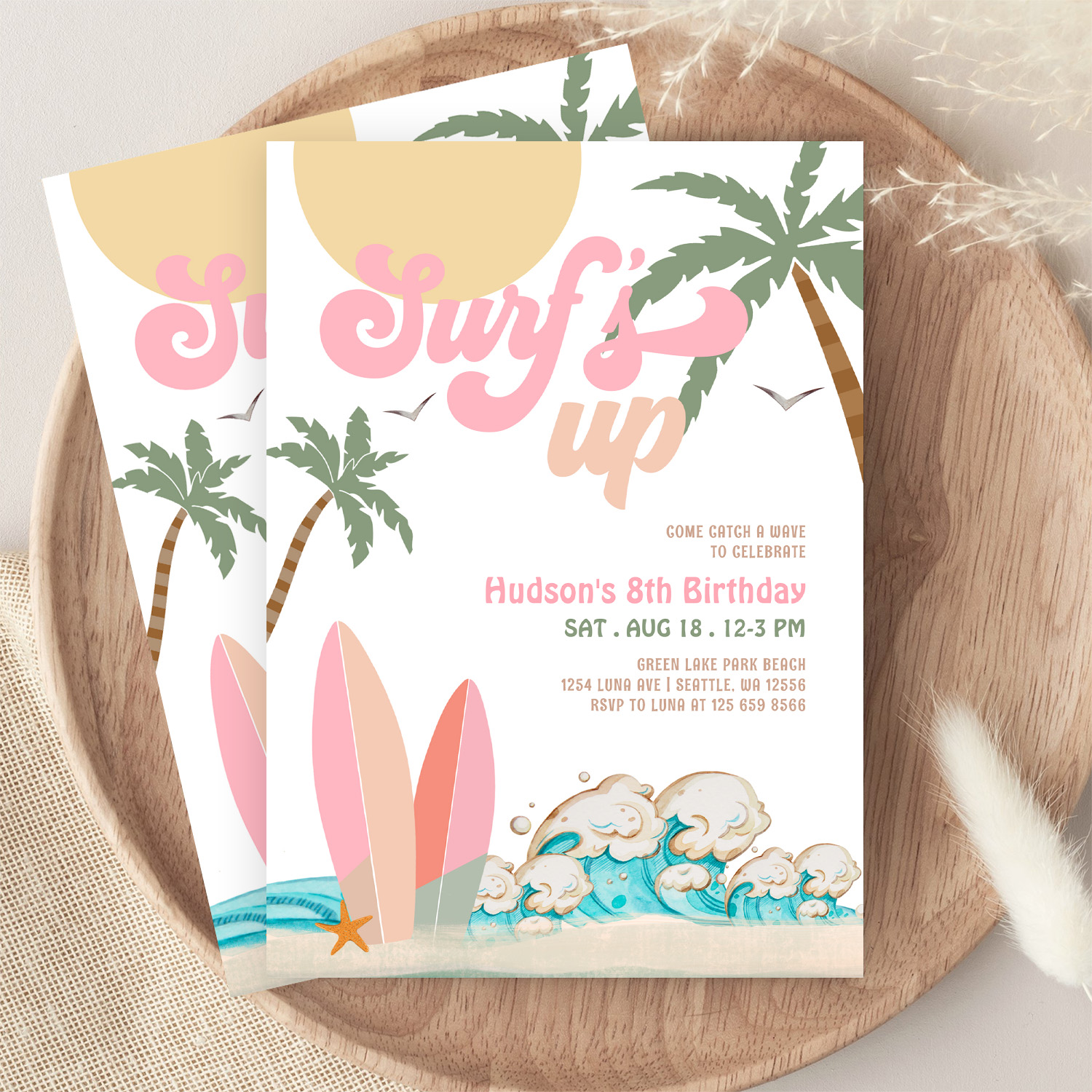 Any Age Girl Pink Peach Surfing Birthday Party Invitation - Image 9
