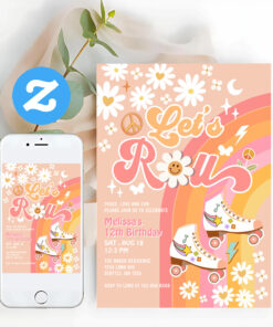 Any Age Lets Peach Roll Retro Groovy Birthday Invitation