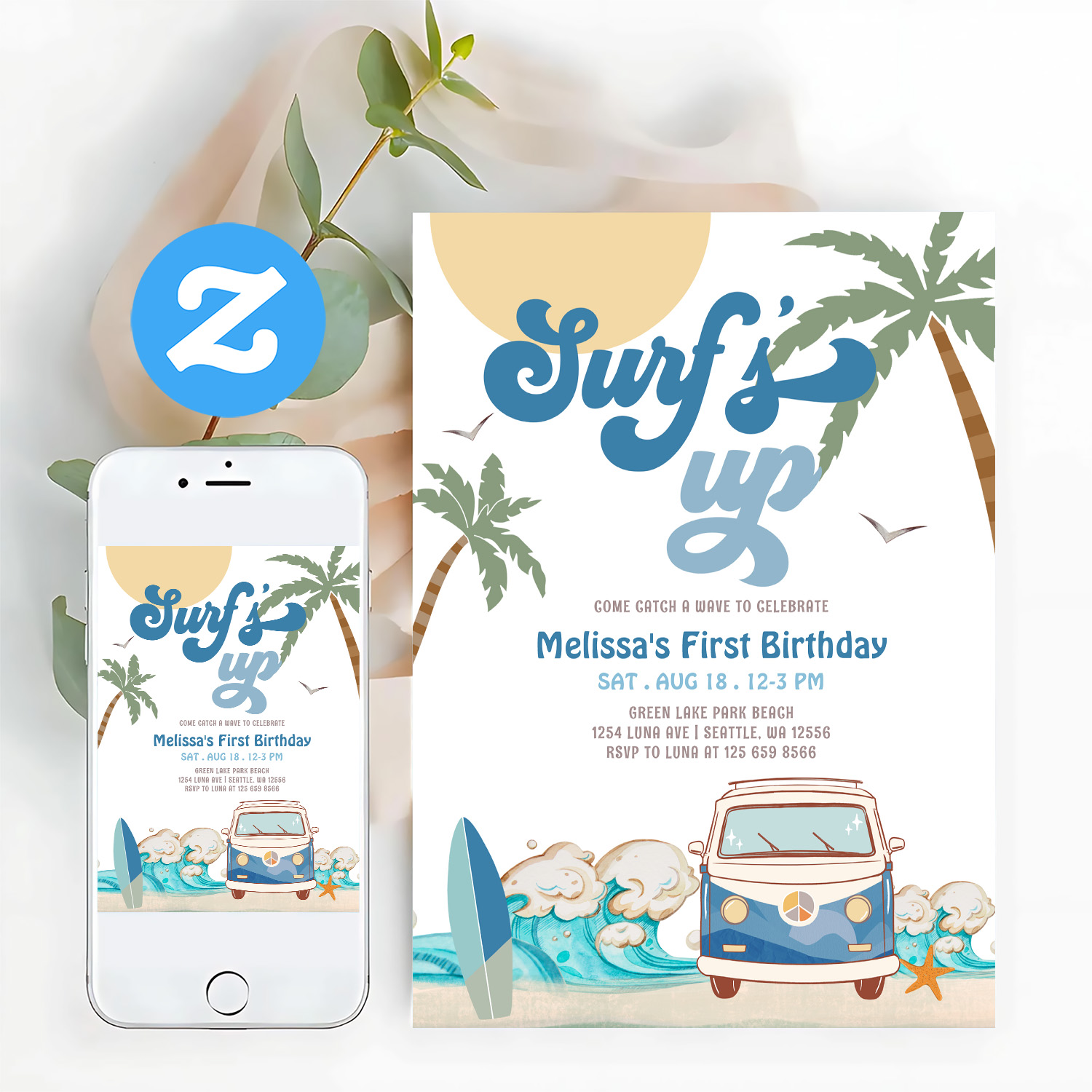 Any Age Navy Boy Surfs Up Surfing Birthday Invitation