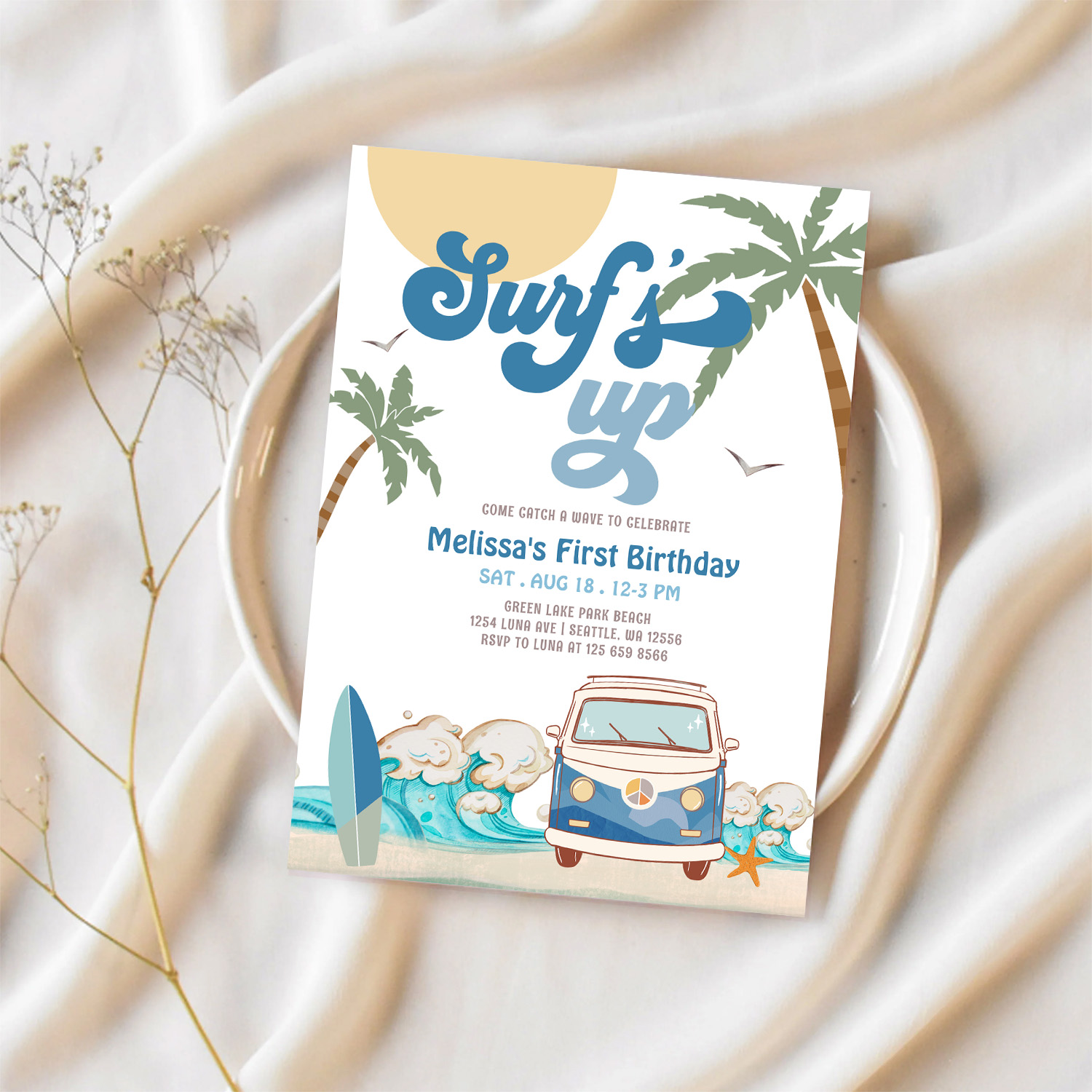 Any Age Navy Boy Surfs Up Surfing Birthday Invitation - Image 2