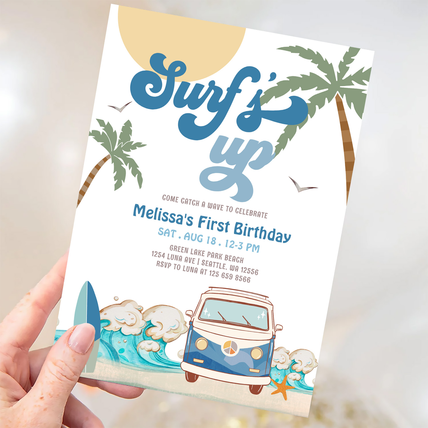 Any Age Navy Boy Surfs Up Surfing Birthday Invitation - Image 3