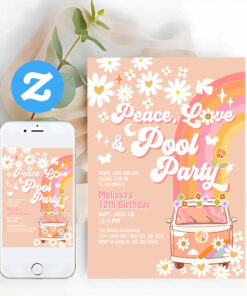 Any Age Peace Love Pool Party Groovy Birthday Invitation