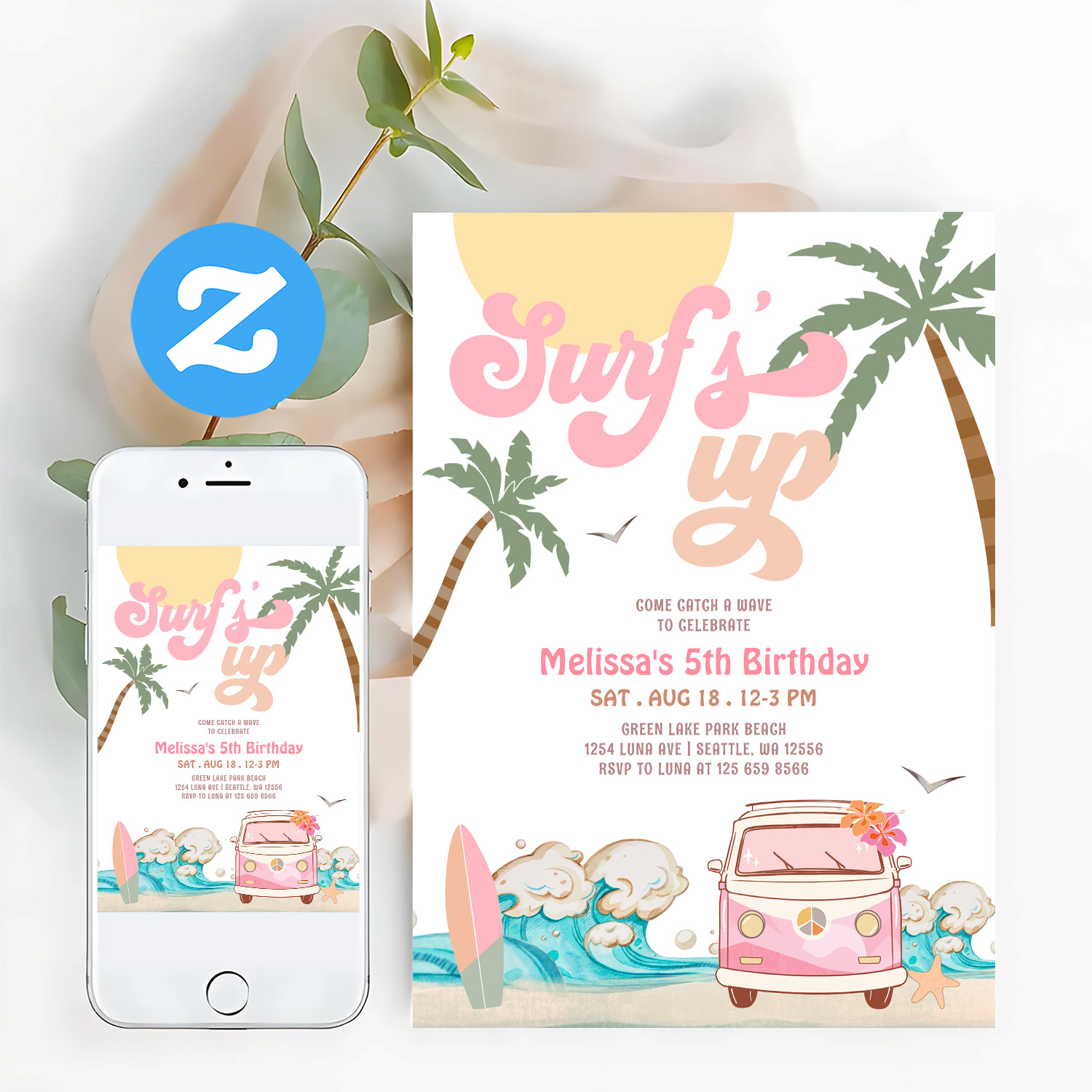 Any Age Pink Surfs Up Invite Surfing Birthday