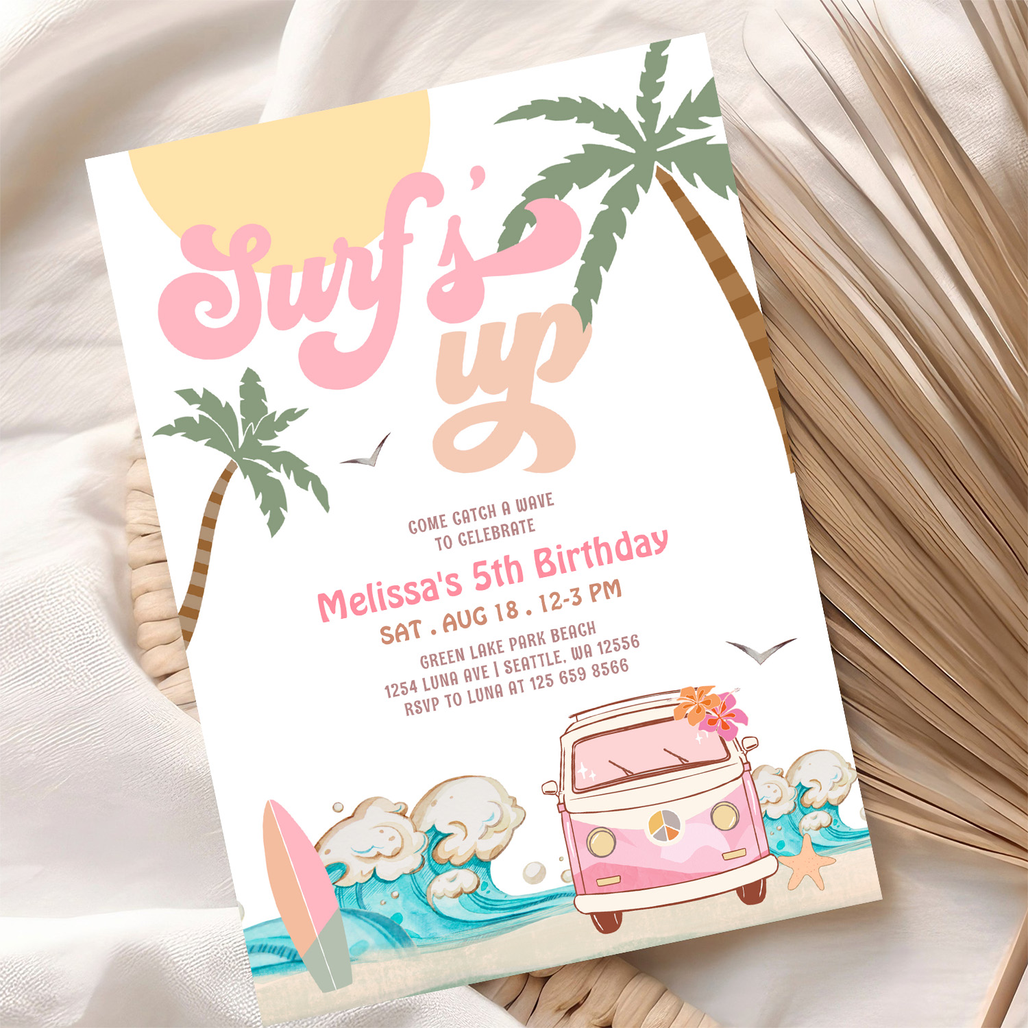 Any Age Pink Surfs Up Invite Surfing Birthday - Image 10