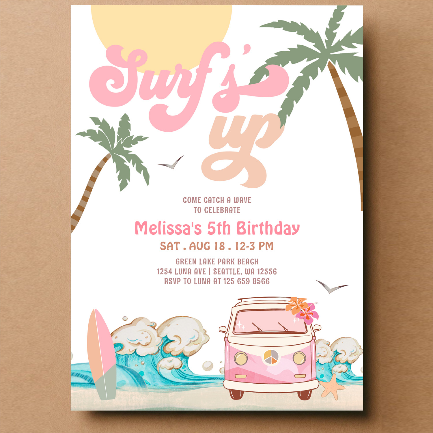 Any Age Pink Surfs Up Invite Surfing Birthday - Image 14