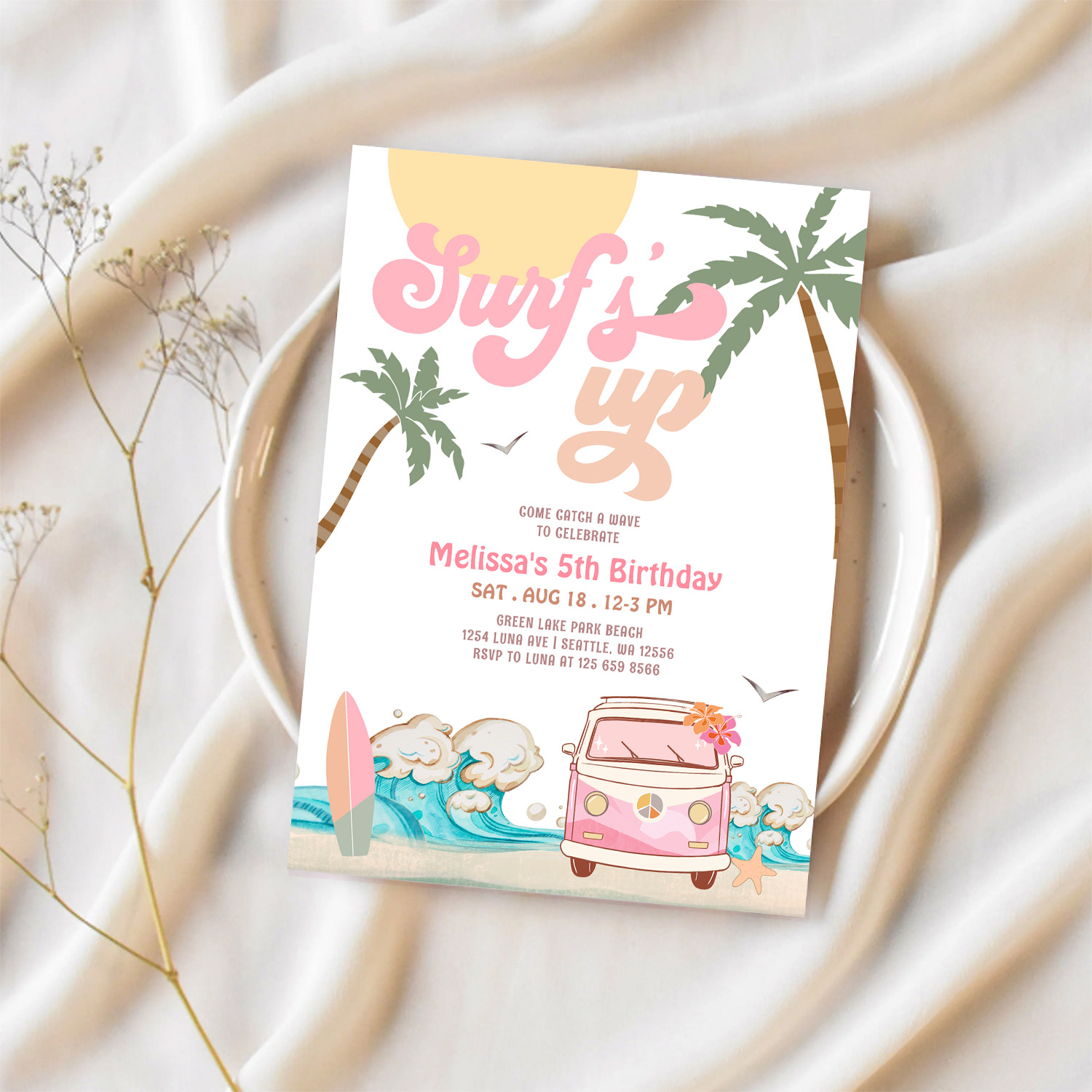 Any Age Pink Surfs Up Invite Surfing Birthday - Image 2