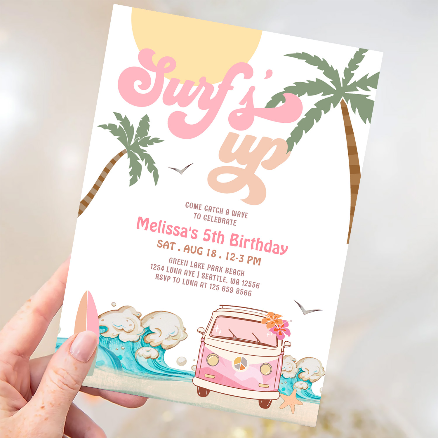 Any Age Pink Surfs Up Invite Surfing Birthday - Image 3
