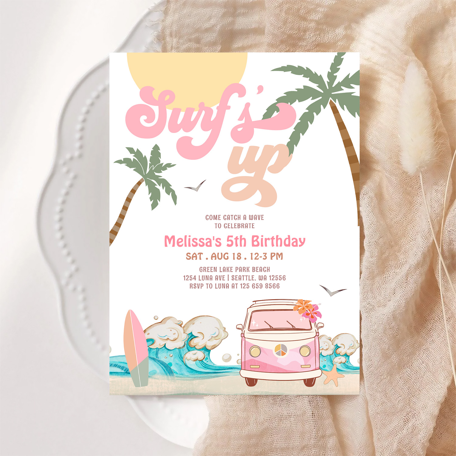 Any Age Pink Surfs Up Invite Surfing Birthday - Image 6
