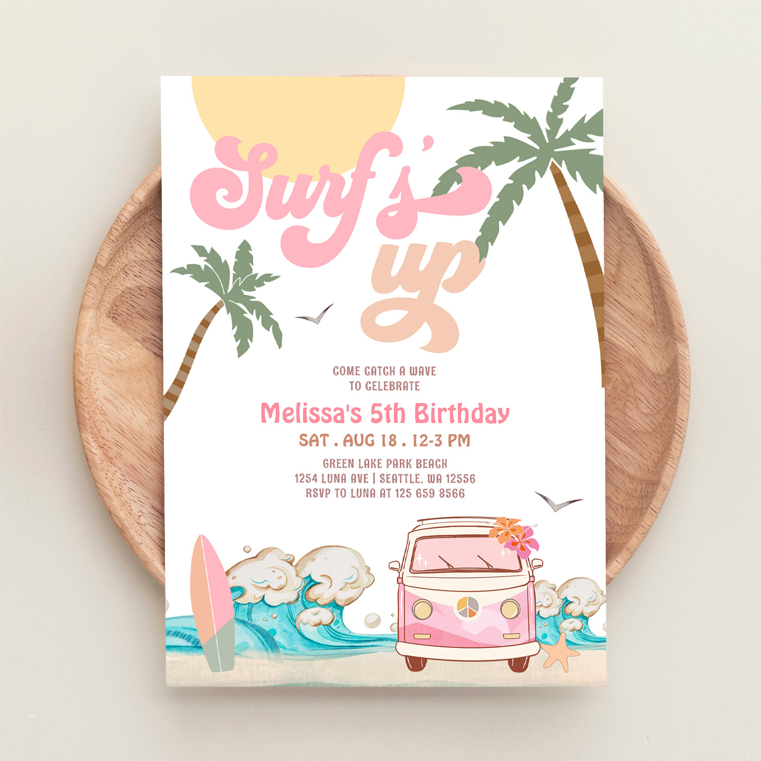 Any Age Pink Surfs Up Invite Surfing Birthday - Image 7