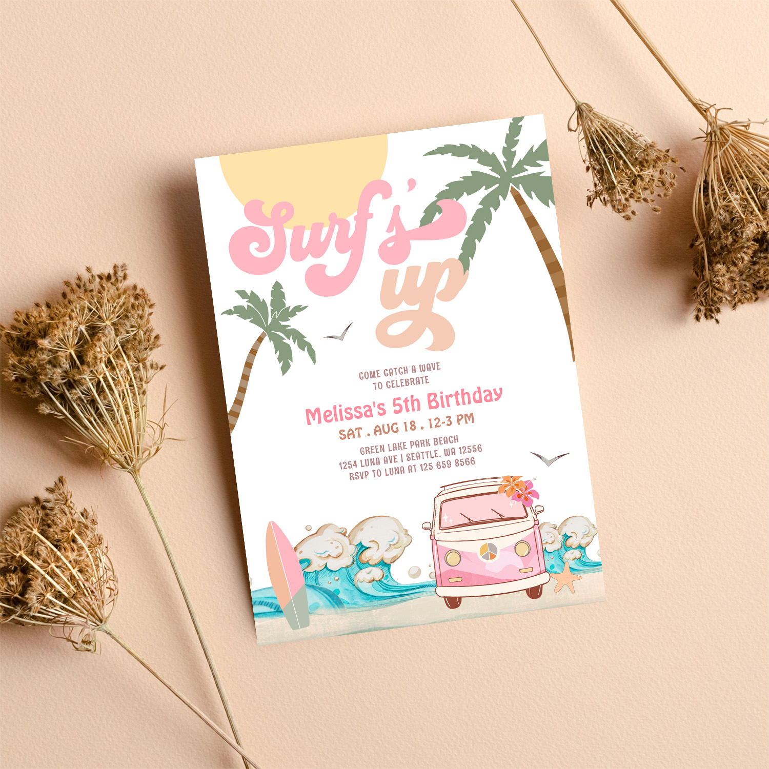 Any Age Pink Surfs Up Invite Surfing Birthday - Image 8