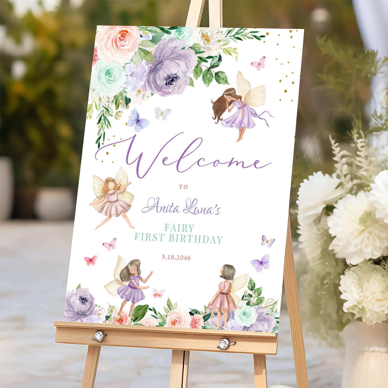 Any Age Purple Pink Fairy Wildflower Welcome Sign