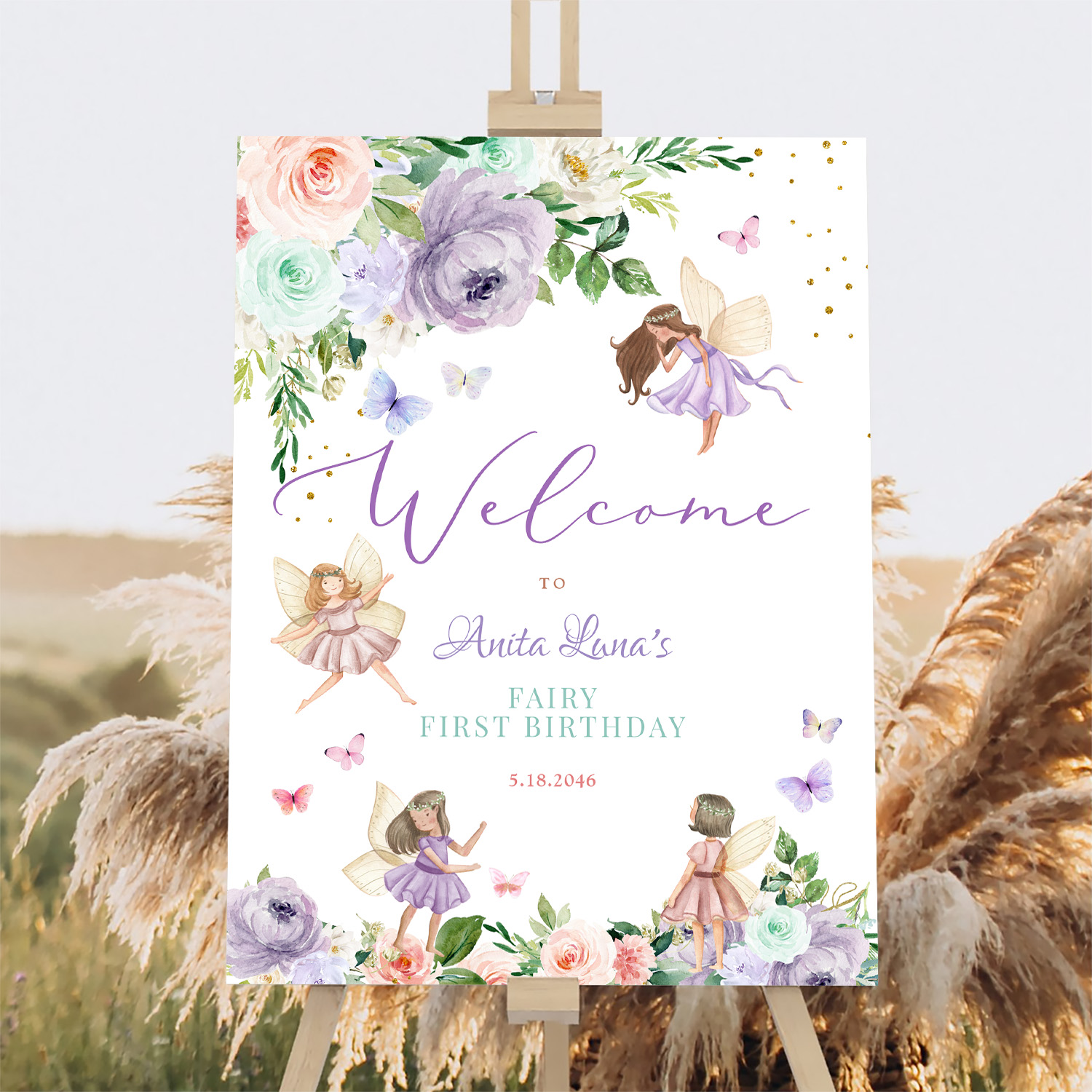Any Age Purple Pink Fairy Wildflower Welcome Sign - Image 2