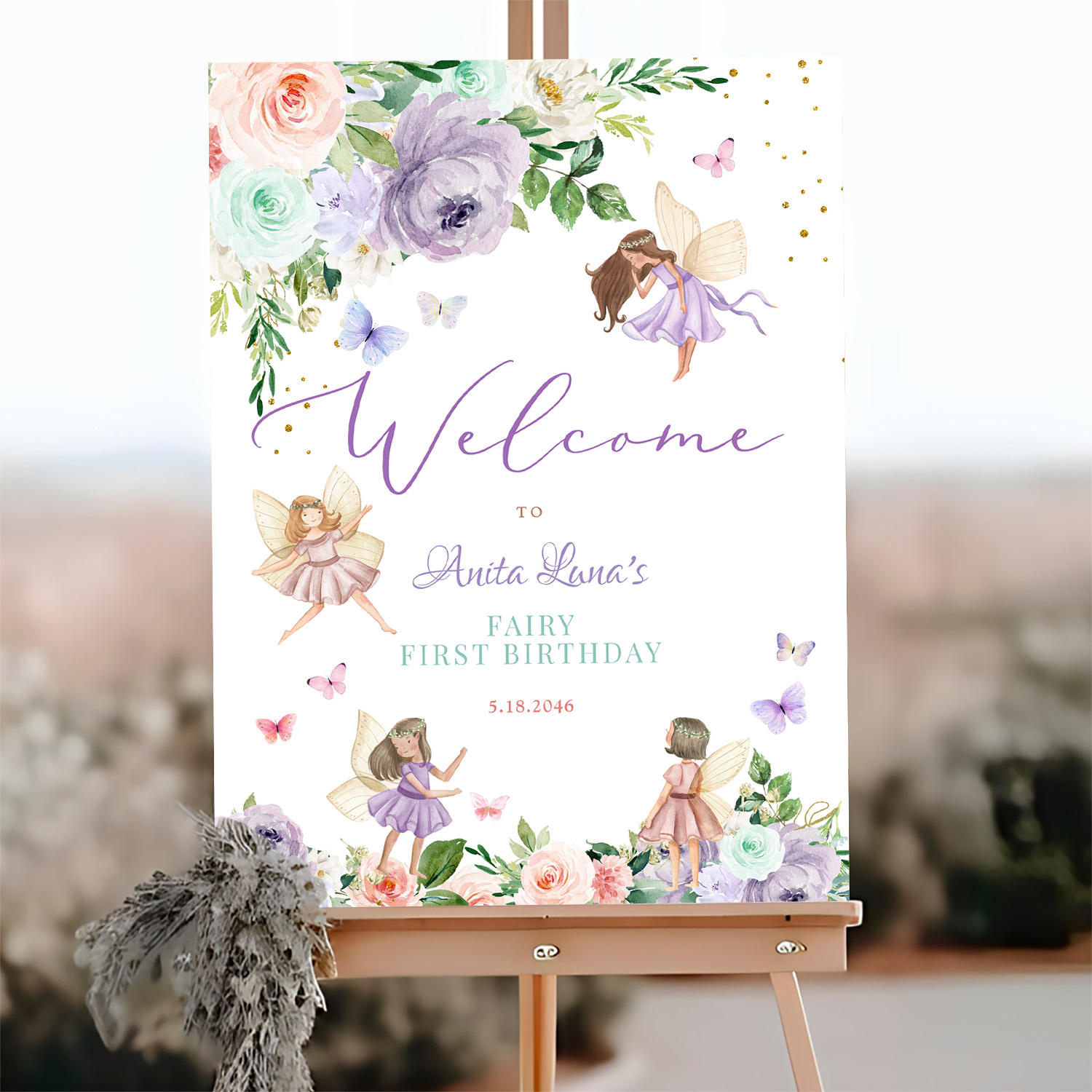 Any Age Purple Pink Fairy Wildflower Welcome Sign - Image 3