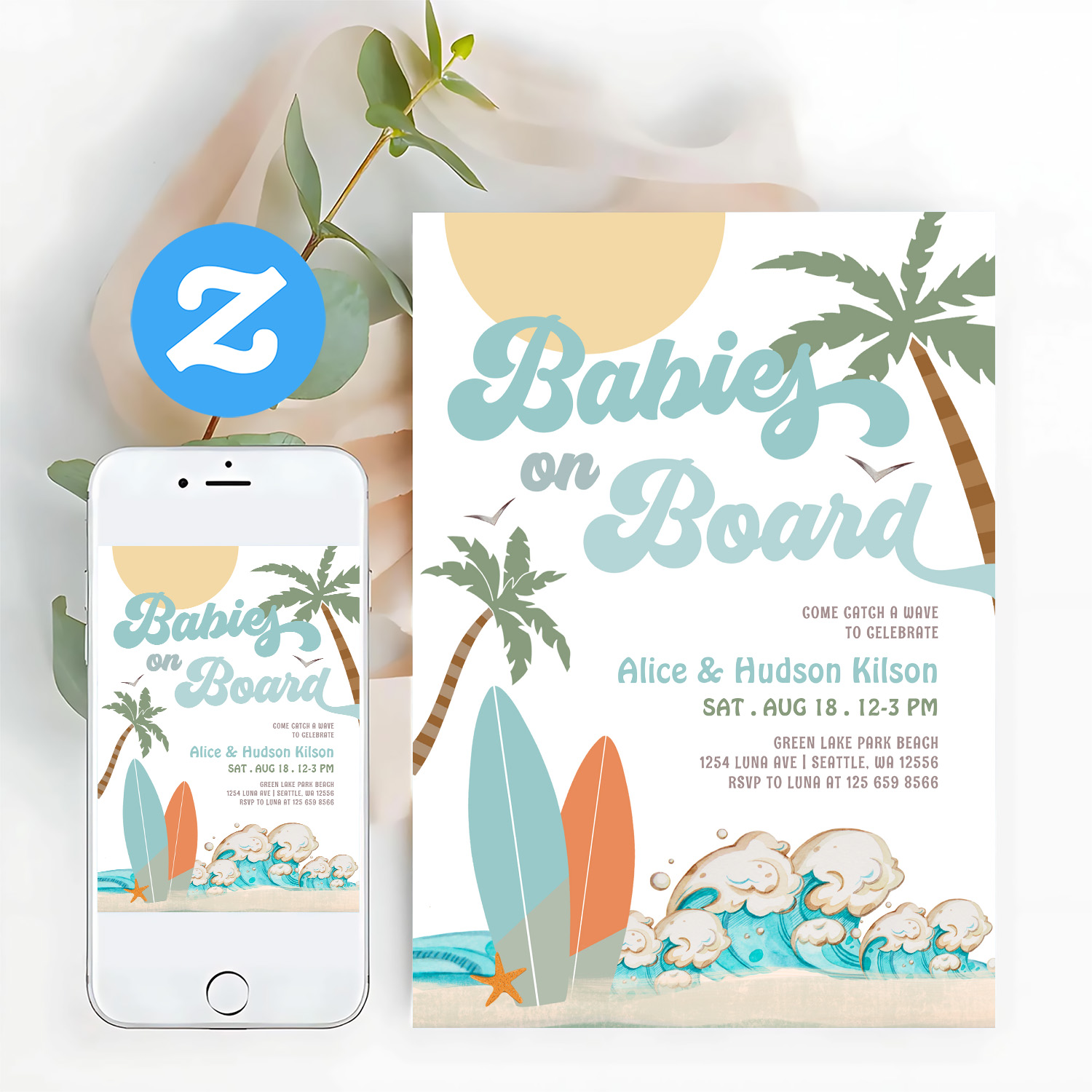 Babies On Board Sprinkle Surf Surfing Baby Shower Invitation