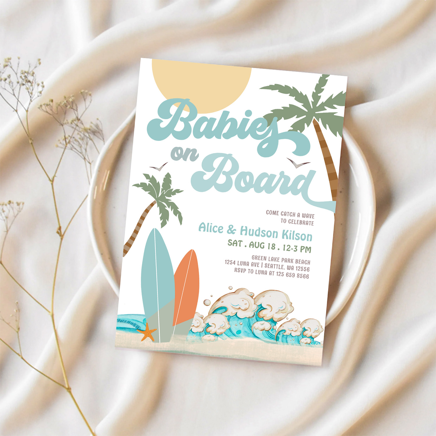 Babies On Board Sprinkle Surf Surfing Baby Shower Invitation - Image 2