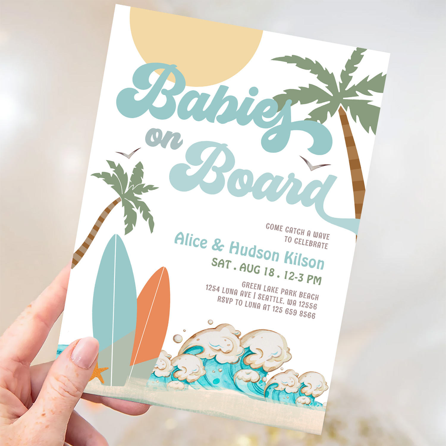 Babies On Board Sprinkle Surf Surfing Baby Shower Invitation - Image 3