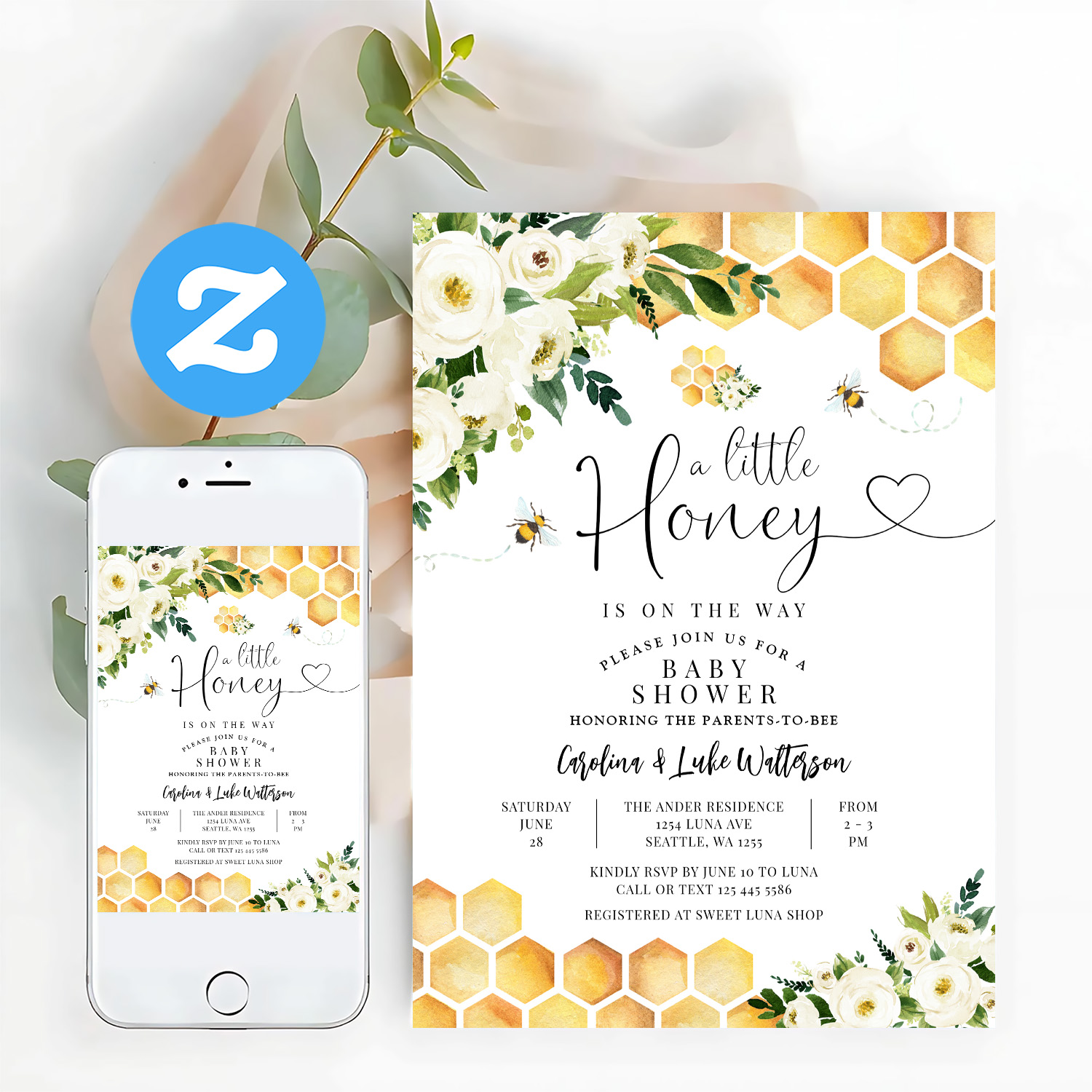 Bee A Little Honey Gender Neutral Baby Shower Invitation