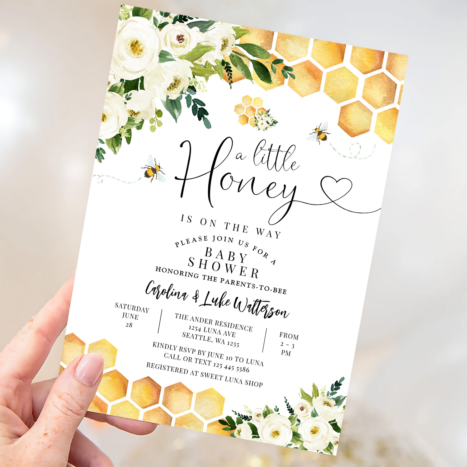 Bee A Little Honey Gender Neutral Baby Shower Invitation - Image 3