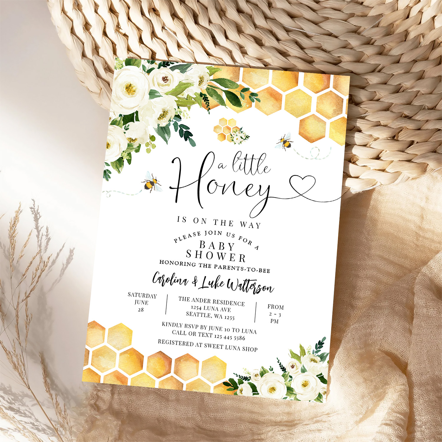 Bee A Little Honey Gender Neutral Baby Shower Invitation - Image 4