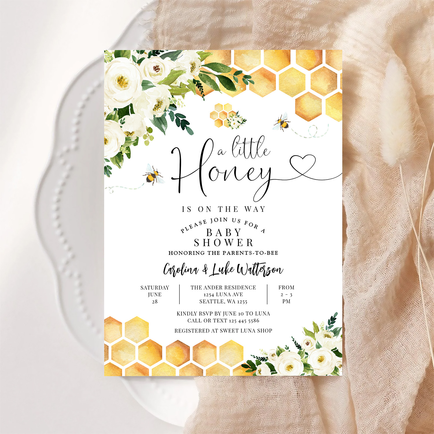 Bee A Little Honey Gender Neutral Baby Shower Invitation - Image 6